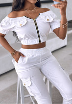 Women white Off Shoulder short-sleeved patch pocket Top and trousers two-piece set Women white Off Shoulder short-sleeved patch pocket Top and trousers two-piece set