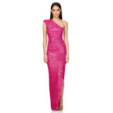 Women's One-Shoulder Sleeveless Sequined Slit Evening Party Dress