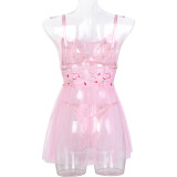 Women Heart Print Lace Lace-Up cross stitch mesh See-Through sexy suspender nightgown two-piece set