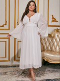 Plus Size Women Pleated V Neck Long Sleeve Chiffon Dress