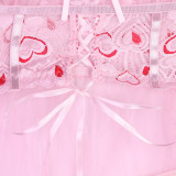 Women Heart Print Lace Lace-Up cross stitch mesh See-Through sexy suspender nightgown two-piece set