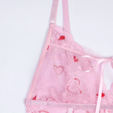 Women Heart Print Lace Lace-Up cross stitch mesh See-Through sexy suspender nightgown two-piece set