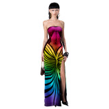 Women Sexy Backless Printed Strapless Slit Lace-Up Dress