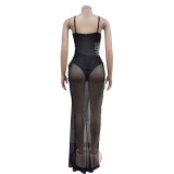 Fashion Women's Sexy Mesh Beaded strap Long Dress