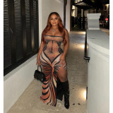 Women Sexy Backless Printed Strapless Slit Lace-Up Dress