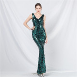 Luxury V-neck sleeveless sequined long evening dress