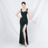 Luxury strap sequined long evening gown