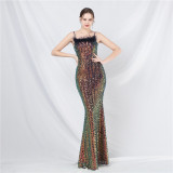 strap feather sequin evening dress luxury Formal Party gown