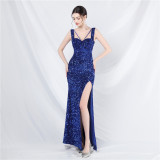 Luxury strap sequined long evening gown