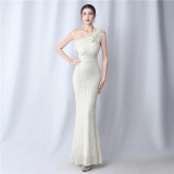 Luxury Sequin Slash shoulder Sleeveless Mermaid Plus Size Formal Party Evening Dress