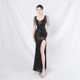 elegant luxury beaded sequin slit long evening dress