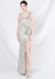 elegant luxury beaded sequin slit long evening dress
