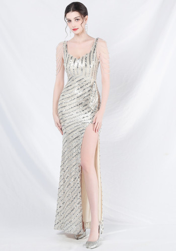 elegant luxury beaded sequin slit long evening dress