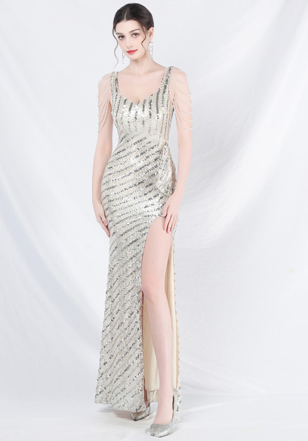 elegant luxury beaded sequin slit long evening dress
