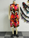 Women Sexy Printed Sleeveless Lace-Up V Neck Tank Top Dress