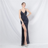 luxury beaded sequin mesh See-Through strap long evening dress