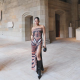 Women Sexy Backless Printed Strapless Slit Lace-Up Dress