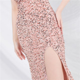 Luxury strap sequined long evening gown