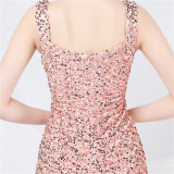 Luxury strap sequined long evening gown