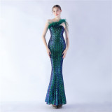Luxury Sequin Slash shoulder Sleeveless Mermaid Plus Size Formal Party Evening Dress
