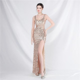 elegant luxury beaded sequin slit long evening dress