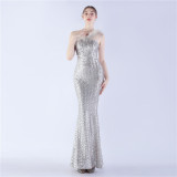 Luxury Sequin Slash shoulder Sleeveless Mermaid Plus Size Formal Party Evening Dress