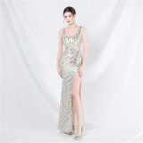 elegant luxury beaded sequin slit long evening dress