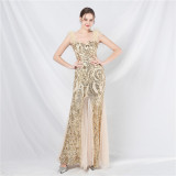 luxury feather mesh sequin long dress