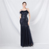 luxury feather mesh sequined long evening dress