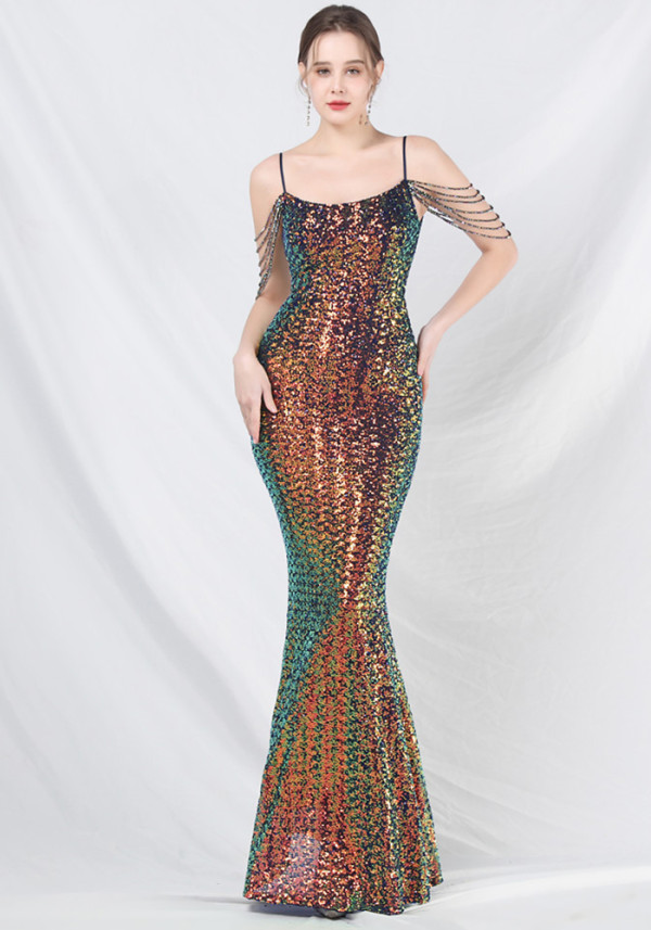 luxury sequins beaded long evening dress