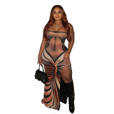 Women Sexy Backless Printed Strapless Slit Lace-Up Dress