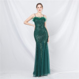 luxury feather mesh sequined long evening dress