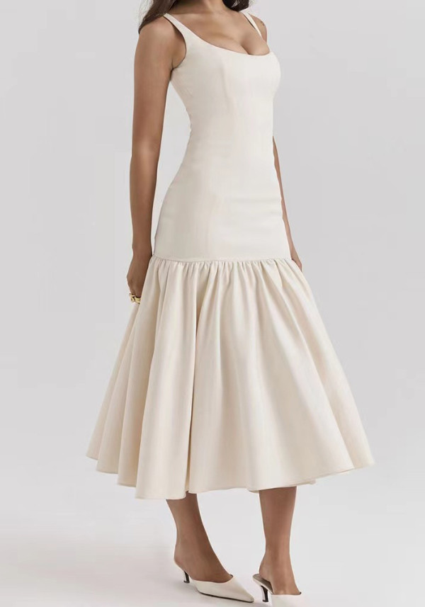 Summer Round Neck Sleeveless Solid Color Pleated Slim Dress