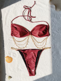 Women Low Back Solid Color Bikini Lace-Up Sexy Swimsuit