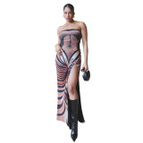 Women Sexy Backless Printed Strapless Slit Lace-Up Dress