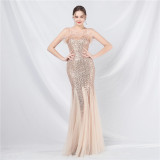 luxury feather mesh sequined long evening dress