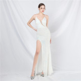 luxury beaded sequin mesh See-Through strap long evening dress