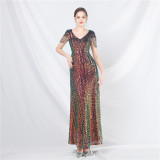 luxury beaded sequins long A-line evening dress