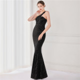 Luxury Sequin Slash shoulder Sleeveless Mermaid Plus Size Formal Party Evening Dress