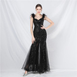luxury feather mesh sequin long dress