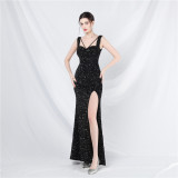 Luxury strap sequined long evening gown