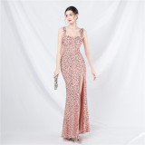 Luxury strap sequined long evening gown
