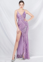 luxury beaded sequin mesh See-Through strap long evening dress