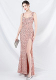 Luxury strap sequined long evening gown