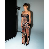 Women Sexy Backless Printed Strapless Slit Lace-Up Dress