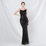 strap feather sequin evening dress luxury Formal Party gown
