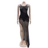 Fashion Women's Sexy Mesh Beaded strap Long Dress