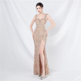 Luxury strap sequined long evening gown