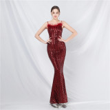 strap feather sequin evening dress luxury Formal Party gown
