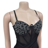 Fashion Women's Sexy Mesh Beaded strap Long Dress